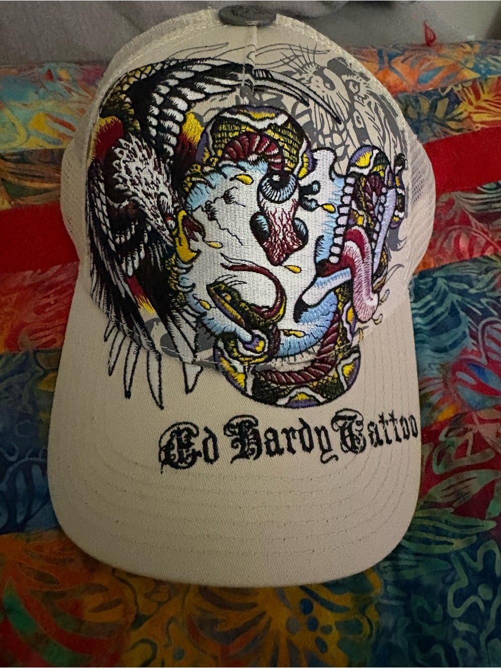 White Trucker Cap with Colorful Skull Tattoo Graphic. New without tags.